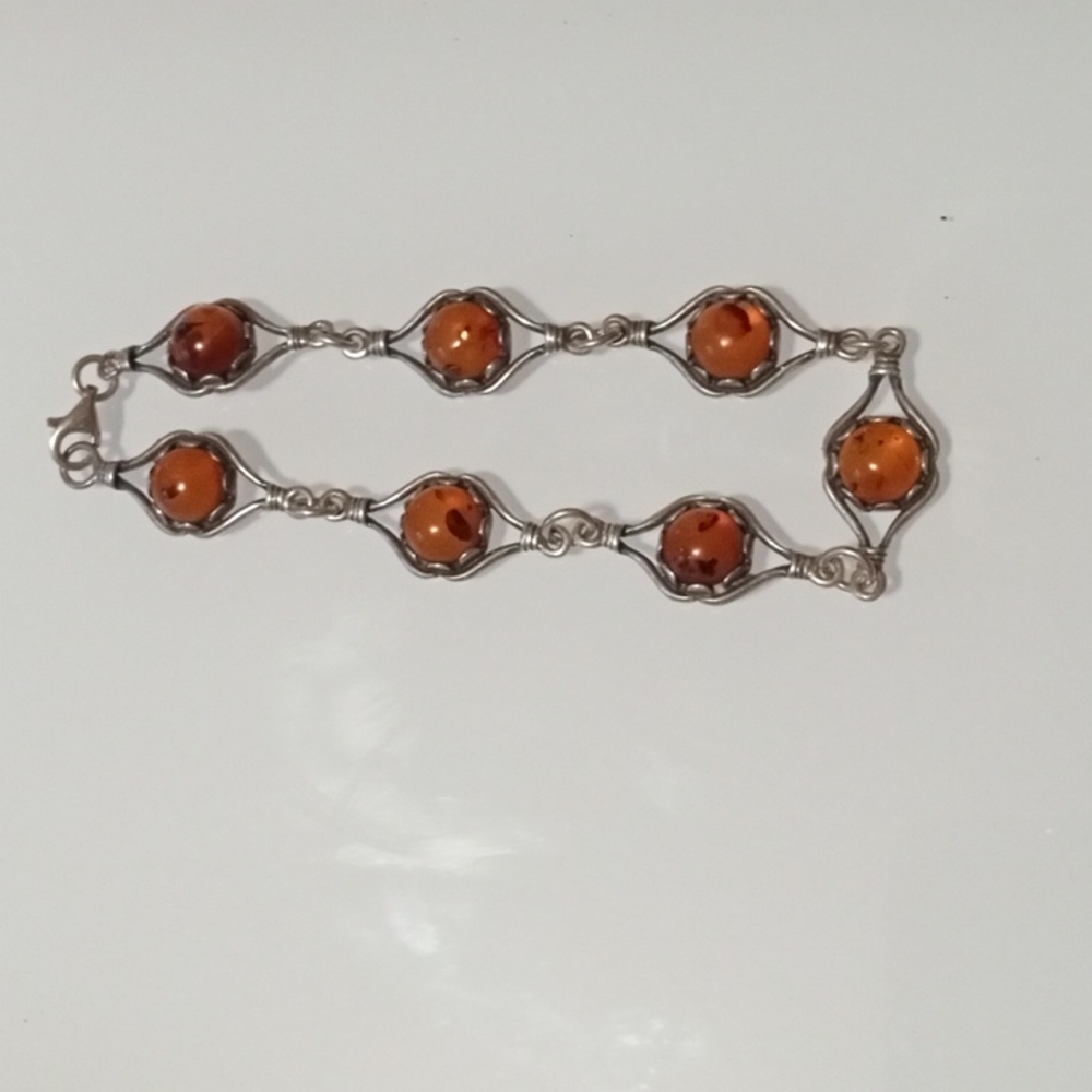 🌻Beautiful Victorian Genuine Sterling Silver & Baltic Amber Link Bracelet - Picture 2 of 12